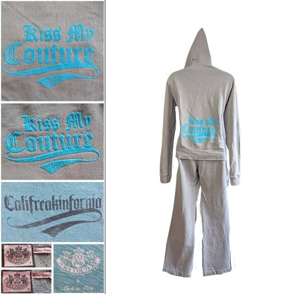 Vtg Y2K JUICY COUTURE 3pc French Terry Greige Kiss My Couture Tracksuit Set P/S - Picture 1 of 10